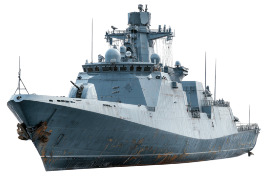 Modern, grey warship with complex radar systems, antennas, and weaponry, isolated on black