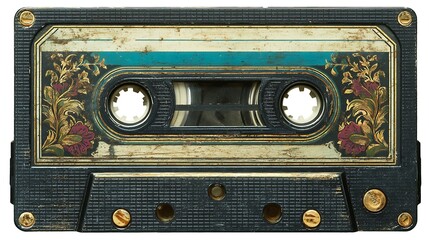 Close up of a decorated audio cassette tape with floral embellishments