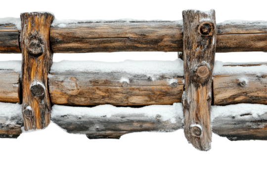 Weathered wood fence with snow accents