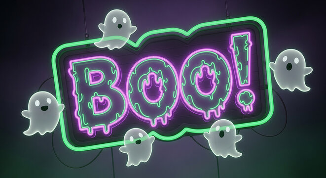 Spooky Halloween vibes with a neon 'Boo!' sign surrounded by friendly ghosts, perfect for festive promotions and eye-catching seasonal content - Powered by Adobe