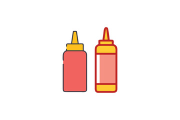 Three colorful condiment bottles stand together a simple outline silhouette