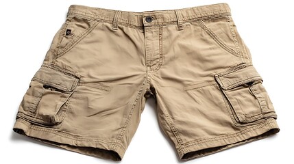 A pair of khaki cargo shorts laid out on a white surface in a studio shot