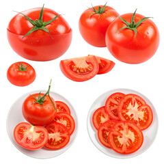 Assortment of ripe red tomatoes, whole, halved, and sliced, presented on a dark background