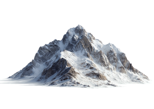 Isolated mountain peak covered in snow, jagged and rocky with a dark backdrop
