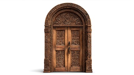 A detailed wooden door with intricate carvings on white background view