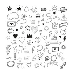 Collection of hand drawn doodle icons and symbols representing ideas communication and creativity in a sketchy black and white style