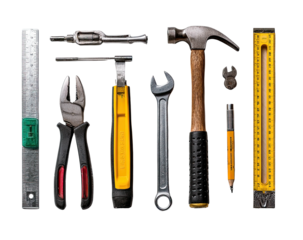 A set of aligned, essential hand tools for repair and construction