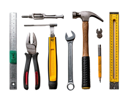A set of aligned, essential hand tools for repair and construction