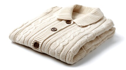 Folded cream colored cable knit cardigan with brown buttons on white background