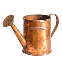 A weathered copper watering can with a long spout and handle, isolated on a black background
