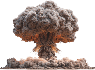 A mushroom cloud of smoke and debris rises after an explosion, a sign of widespread destruction