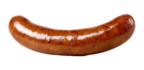 A fully cooked sausage, curved into an arc, lies centered against a completely black background