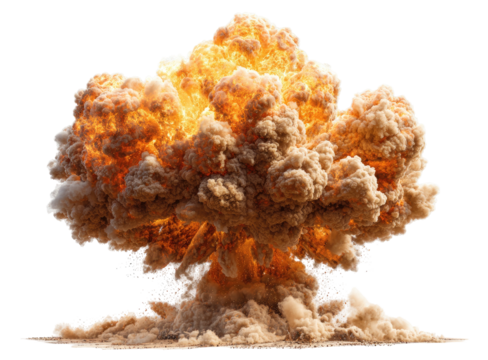Massive explosion erupts in the sky, a fiery mushroom cloud dominates the dark background