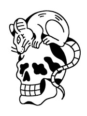TRADITIONAL RAT SKULL TATTOO FLASH BLACK AND WHITE DESIGN