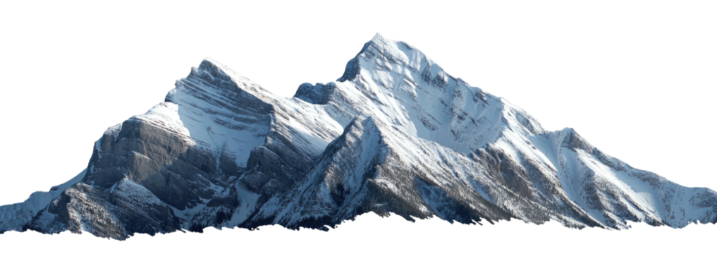 Majestic, snow-capped mountain range with jagged peaks against a dark background, depicting raw natural power