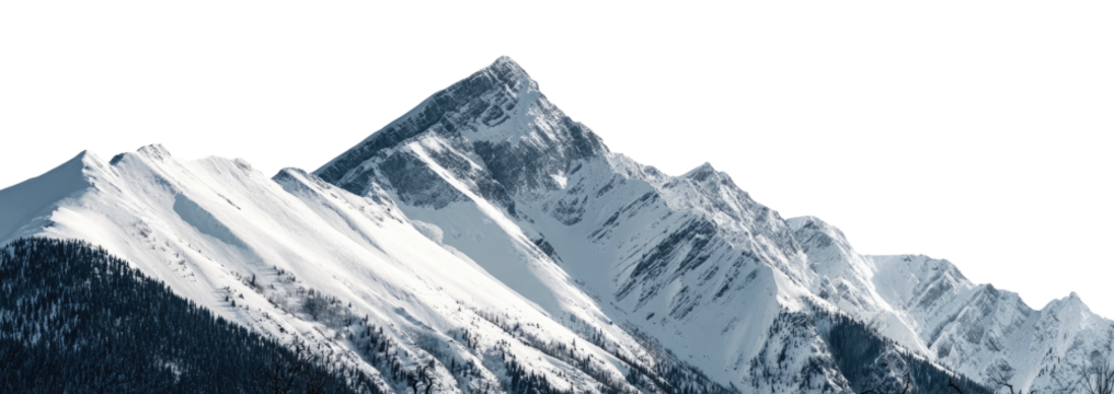 Snow-covered mountain range against a clear sky, with jagged edges and a hint of forest