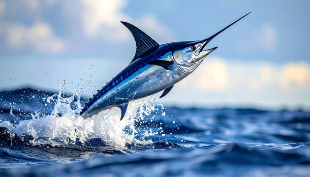 Majestic blue marlin swordfish soaring above the sparkling ocean, water droplets glistening midair, symbolizing oceanic power, and the breathtaking energy of marine life - Powered by Adobe