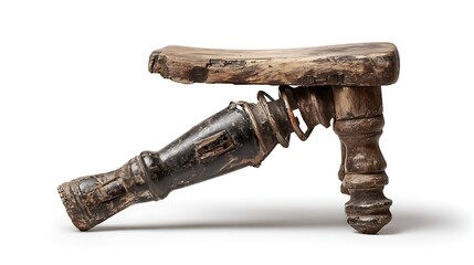 A peculiar wooden stool with three legs and an unusual angled support leg