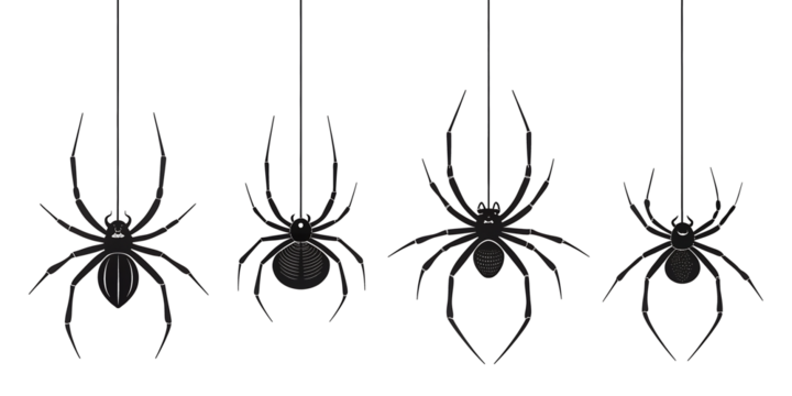 Creepy crawly designs: Four spooky spiders hanging by a thread, perfect for Halloween decorations, haunted houses, and eerie designs for a chilling effect.