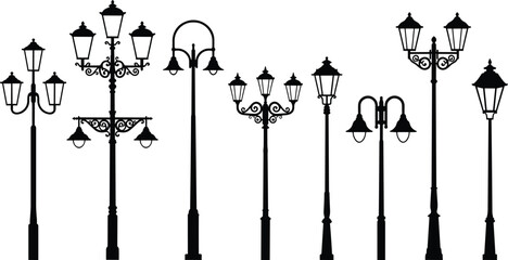 Vintage street lamp silhouettes, ornate lantern pole designs, classical urban lighting, decorative retro streetlights, black silhouette artwork, cad drawing flat vector illustration
