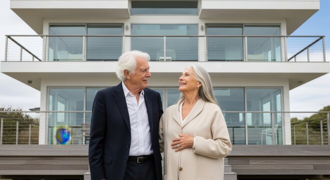 Everlasting Serenity: A senior couple shares a tender moment in front of their elegant modern home, set against a backdrop of tranquility. - Powered by Adobe