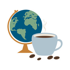 Hot Coffee Mug Globe And Coffee Beans