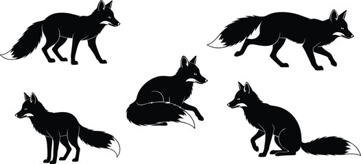 Fox silhouettes in natural poses, wild animal vector artwork, forest wildlife illustration, nature predator design, cad drawing flat vector illustration artwork