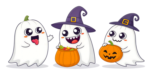 Adorable Halloween ghosts trick or treating with carved pumpkins and candy, cute vector illustration for festive fall celebrations and spooky fun