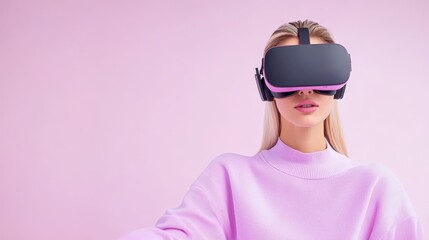 Virtual Reality Immersion: A woman wears a virtual reality headset, her focused expression suggesting full immersion in a digital experience, all set against a backdrop of vibrant pink hues.