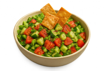 Fresh vibrant mixed salad with pita chips isolated on transparent background