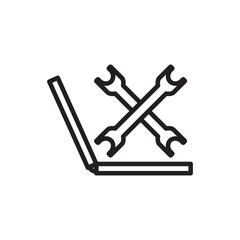 IT convergence icon showing laptop and tools symbolizing digital transformation, technology integration, data management, smart systems, and advanced information technology infrastructure solutions.