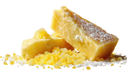 Close-up of two large, golden cheese wedges with tiny crumbles, resting on a bed of grains