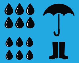 Black silhouette icons: raindrops, a protective umbrella, and sturdy rain boots on a vibrant blue background, representing rainy weather.