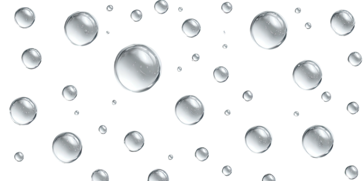 Numerous spherical droplets float against a black background. They vary in size and reflect light