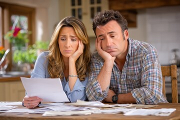 A Concerned Couple Engaged in Reviewing Critical Financial Documents Together at Home