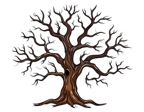 A detailed illustration of a leafless tree with a detailed textured trunk. The branches sprawl out against a bright white background