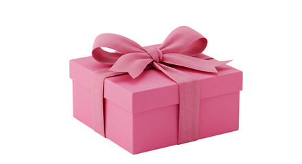 A beautifully wrapped pink gift box with a large ribbon bow, isolated on a plain white background