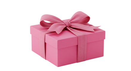 A beautifully wrapped pink gift box with a large ribbon bow, isolated on a plain white background