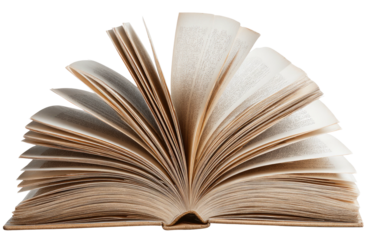 Open, aged book with pages fanned out, isolated on a transparent background, ready to read