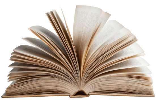 Open, aged book with pages fanned out, isolated on a transparent background, ready to read