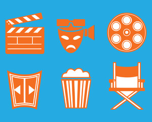 Orange and white cinema and theater icons: clapperboard, film reel, popcorn, director's chair, camera, and stage elements.