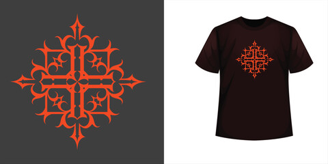Orange ornate gothic cross design showcased on a black t-shirt, plus the versatile standalone symmetrical decorative graphic element.