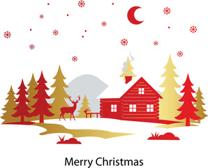 Red and Gold Christmas Cabin with Reindeer and Pine Trees Vector Illustration