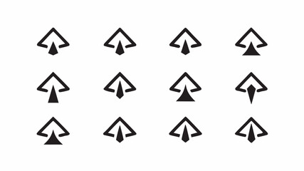 A collection of twelve black arrow icons pointing upwards with varying designs on a white background | editable eps vectors silhouette