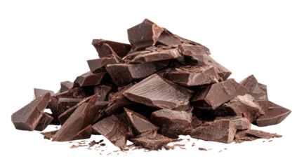 Pile of dark chocolate chunks, broken, scattered, against a pure black background