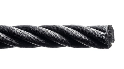 A close up of a thick black cable with a twisted texture on a white background