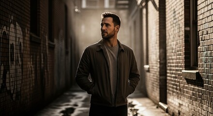 Man walking through a gritty urban alleyway with dramatic lighting