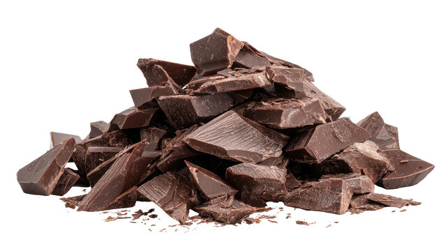 Pile of dark chocolate chunks, broken, scattered, against a pure black background