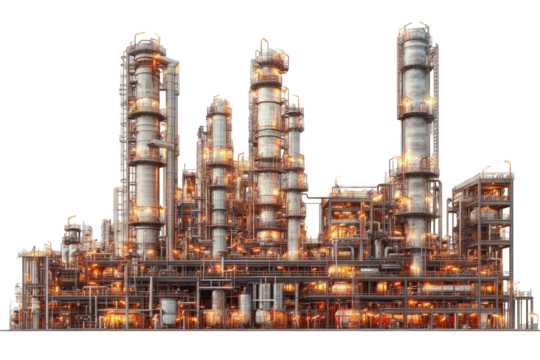 Complex oil refinery with industrial structures illuminated against black background