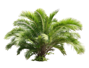 A vibrant, digitally isolated cycad plant with feathery green fronds and a dark, textured trunk